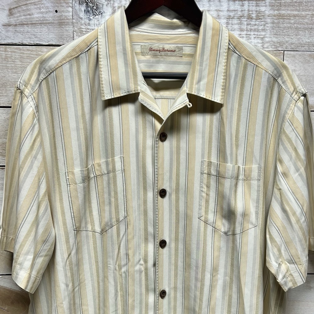 Tommy‎ Bahama Silk Shirt Mens Large Yellow Gray Stripe Button Up Pockets Resort
